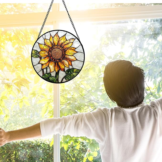 DASTOLL Stained Glass Window Hanging - Sunflower Flower Suncatcher Ready to Hang Window Doors Home Decoration and Christmas, Mother's Day Birthday Gifts for Women, Men, and Mom 11.8x11.8 in