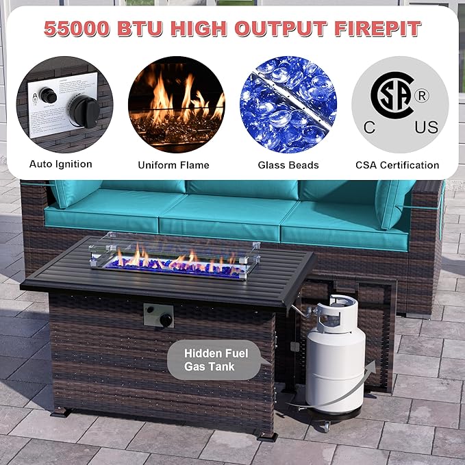Kurapika 11 Pieces Patio Furniture Set, Rattan Wicker Outdoor Conversation Sets w/43in Propane Fire Pit Table, Swivel Rocking Chairs Patio Sectional Sofa w/4 Inch Cushion, Blue