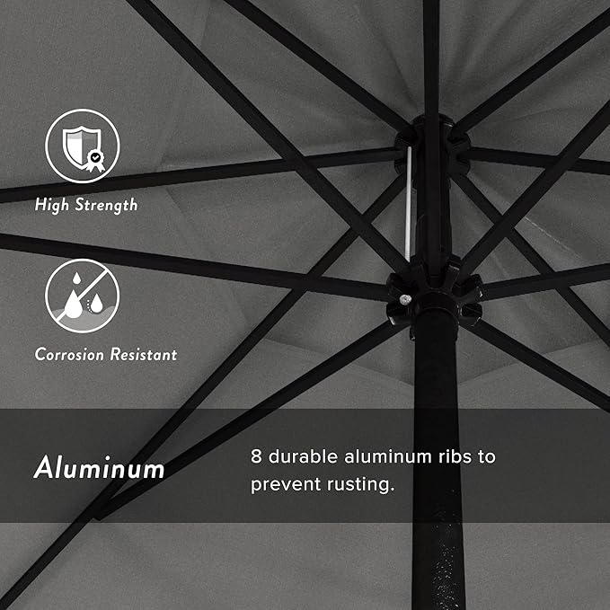 California Umbrella 9' Rd Aluminum Patio Umbrella, Crank Lift, Auto Tilt, Black Finish, Sunbrella Granite
