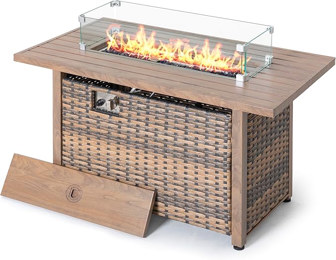 Nuu Garden 43" Propane Fire Pit, CSA-Listed Outdoor Fire Pit Table, 50000 BTU Gas FirePit with Lid, Glass Wind Guard, Glass Beads, 2-in-1 Rectangular FirePit for Outside Backyard, Brown