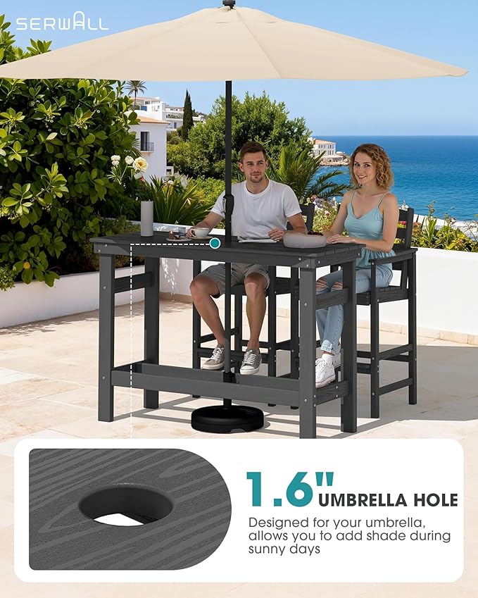 SERWALL Outdoor Bar Set - 2 Adirondack Bar Chairs & Bar Height Table with 1.6" Umbrella Hole, All-Weather HDPE Patio Furniture for Poolside, Backyard, Garden - Grey