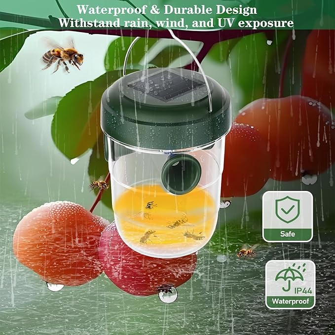 Wasp Traps Outdoor Hanging 4 Packs, Solar Powered Carpenter Bee Trap Yellow Jacket Hornet Catcher with LED Light, Reusable Wasp Deterrent Outdoor for Garden, Patio, Backyard, Camping