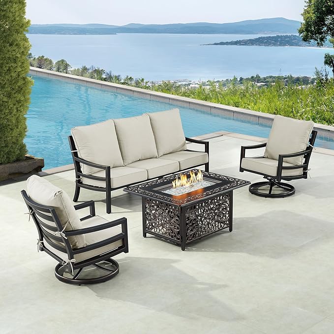 Oakland Living Black Aluminum Patio Fire Table Set with Deep Seating Sofa with Cushions and Two Club Chairs with Light Grey Cushions