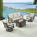 Oakland Living Black Aluminum Patio Fire Table Set with Deep Seating Sofa with Cushions and Two Club Chairs with Light Grey Cushions