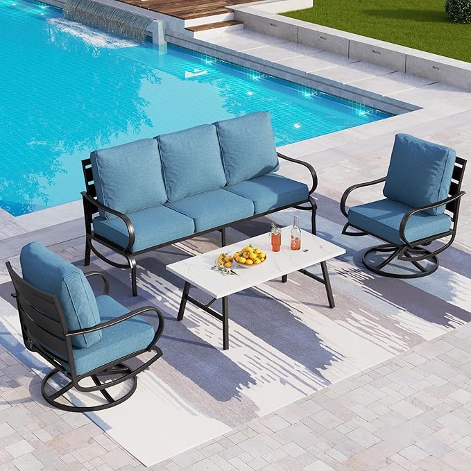 PHI VILLA 4 Piece Patio Furniture Sets for 5 Person with 1 x 3-Seat Deep Seating Bench, 2 x Cushioned Swivel Sofa Chairs & 1 x Coffee Table, Outdoor Metal Conversation Set for Lawn Garden, Navy Blue