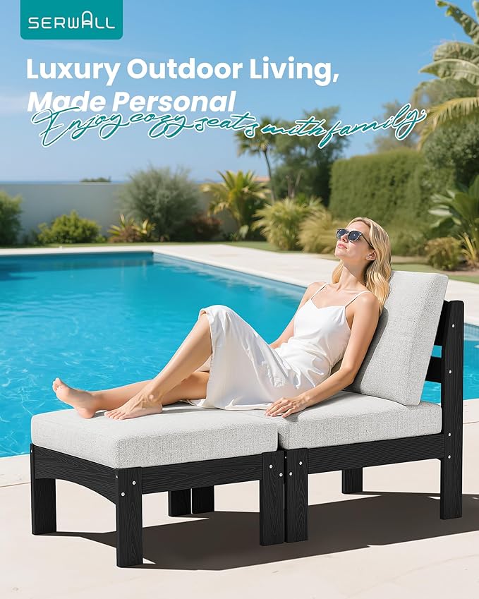 SERWALL 2 Pieces Patio Conversation Set, All-Weather HDPE Outdoor Sofa with Removable Cushions and Ottoman, Modular Design Converts to Chaise Lounge, Porch, Poolside, Black Frame with Khaki Cushion