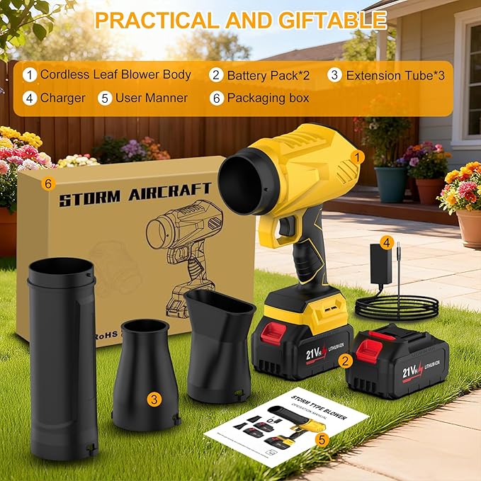 YUANRAN Leaf Blower Cordless with Battery and Charger,500,000 RPM Turbo Jet Blower,Handheld Leaf Blowers for Lawn Care,Portable Lightweight Grass Blower for Yard, Patio & Outdoor Use