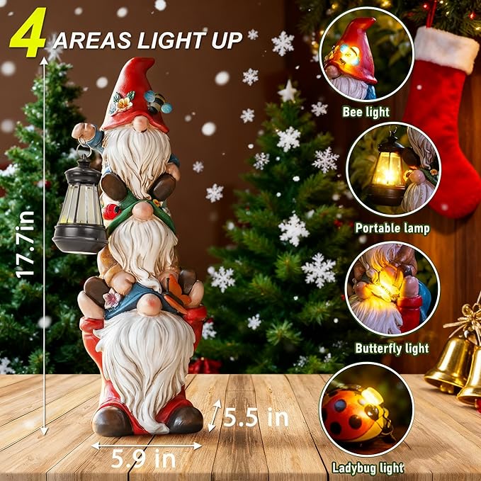 twinbling 17 in Large Garden Gnome Statue with Solar Lights Sculptures Funny Triple Big Gnome Outdoor Patio Lawn Yard Balcony Garden Home Decor Gifts for Women Mom