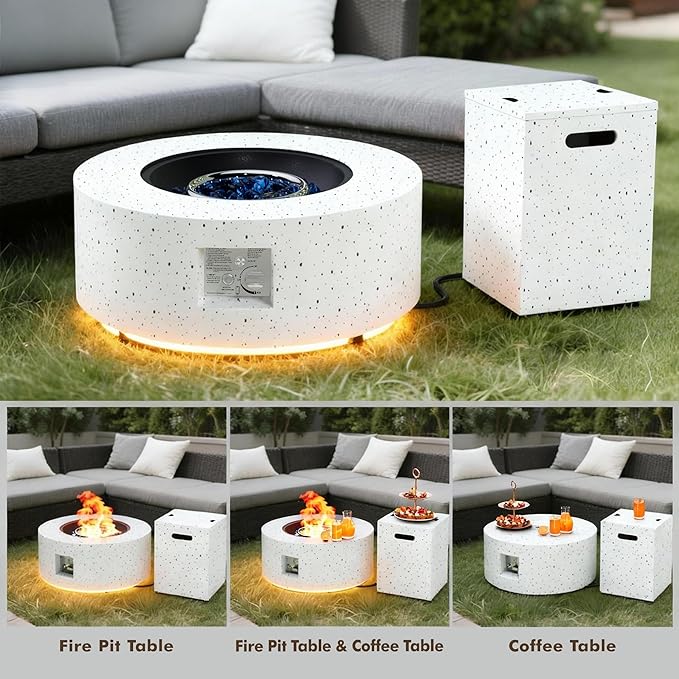 30" Round Propane Fire Pit Table - 50K BTU with Lid, Rocks Tank Storage and Cover - Round Gas Fire Pits for Outside Patio - Outdoor Table with Firepit (White/Golden Light, 30" Round)