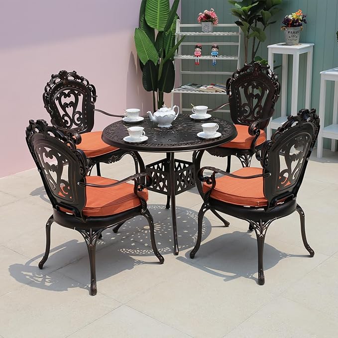 FAPOLITE Outdoor Table Cast Aluminum Round Patio Table with Umbrella Hole All Weather Outdoor Dining Table for Lawn Garden Backyard (90cm Woven Round Table)