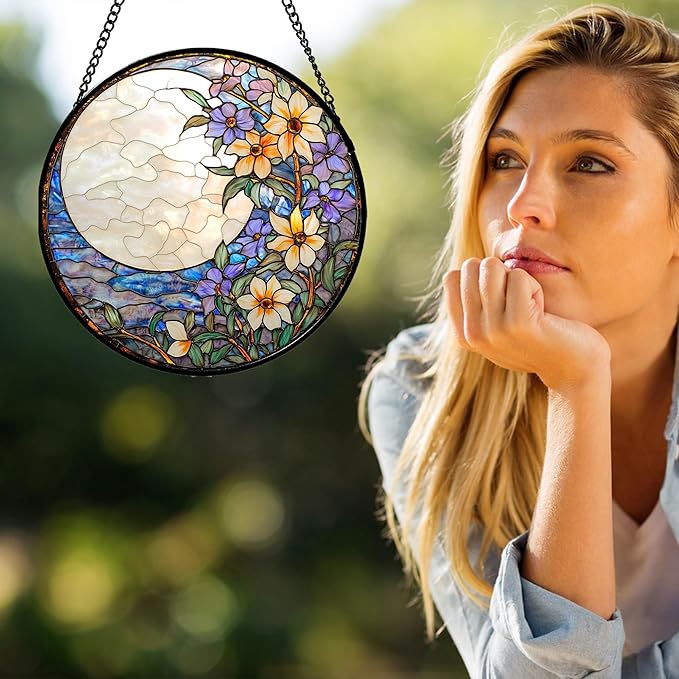 JOSUMALY Stained Glass Window Hanging - White Purple Moon Flowers Suncatcher for Door Terrace Garden Home Decor Landscape Sun Catcher Birthday Gifts for Lovers Women Men Dad Mom Nana 15 in