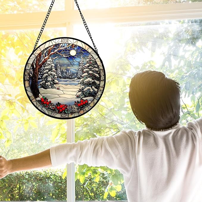 DASTOLL Stained Glass Window Hanging Christmas Tree Winter Snow Night Scenery 7.8" - Suncatcher Door Garden Kitchen Sun Catcher Home Decor Birthday for Mom Men Woman Friend