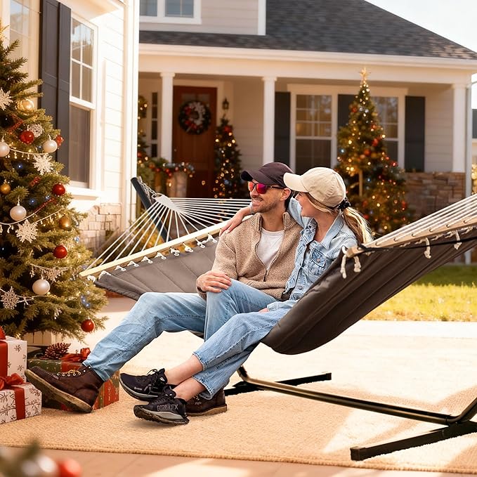 SUNCREAT 55 Inch Extra Large Double Hammock with 12 ft Stand, 475lbs Capacity, Outdoor Portable Hammock with Hardwood Spreader Bar, Extra Large Pillow, Brown
