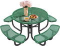 46" Round Top Outdoor Picnic Table Set for Up to 8 Persons, Outside Table Set with 4 Built-in Benches, Metal Commercial-Grade Dining Furniture with Umbrella Hole for Garden, Backyard, Porch, Green