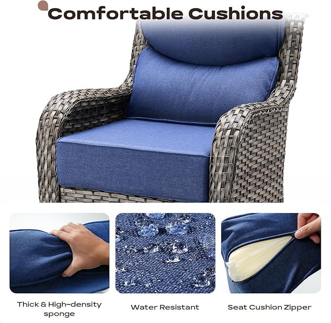 Rilyson Wicker Outdoor Patio Furniture Set - 5 Piece Patio Conversation Sets with Swivel Rocker Chairs, Ottomans and Side Table, 6 inch Cushions, Waterproof Wicker, for Porch Deck Mixed Grey/Blue