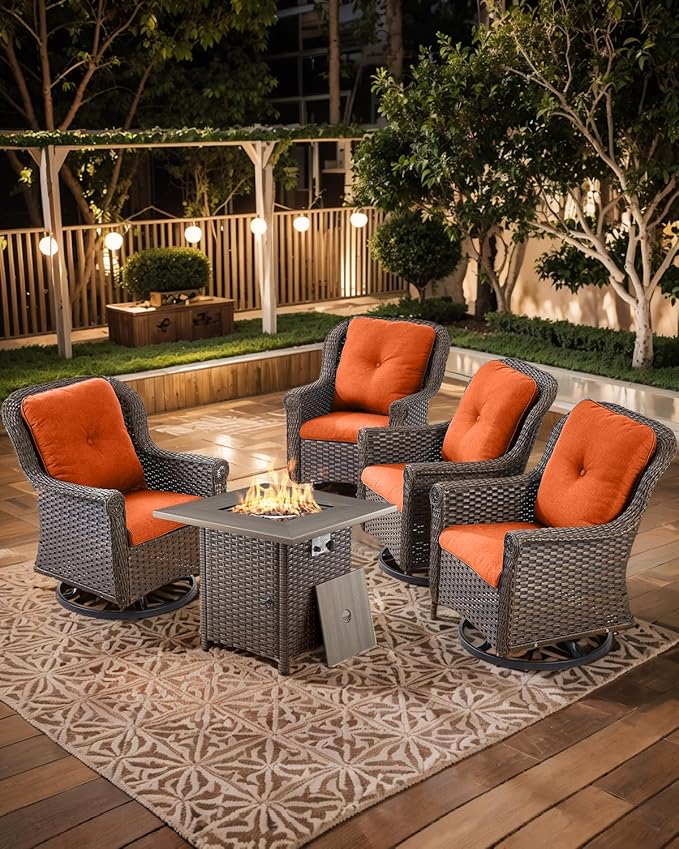 Outdoor Patio Swivel Gliders with Fire Pit Table 5 Piece Set - High Back Brown Wicker Rattan Rocking Chair with Thick Cushion for Porch Apartment Deck Yard Poolside Garden - Orange