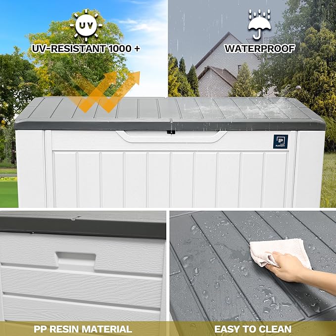 230 Gallon Large Deck Box, Durable Waterproof Resin Deck Box for Patio Furniture, Garden Tools, Pool Storage (White, 150Gallon)