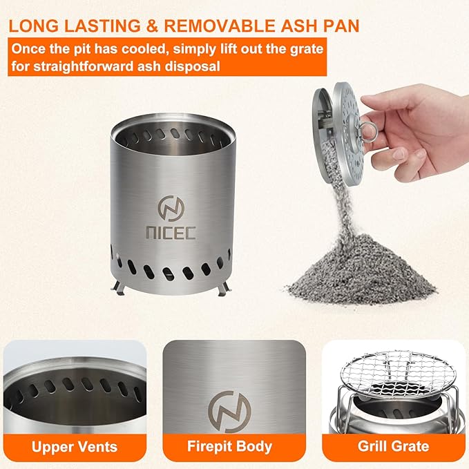 Nice C Fire Pits, 5.5 Inch Smokeless Fire Pits, Portable Fire Pit, Outdoor Fire Pit, Tabletop Fire Pit, Wood Buring Fireplaces, Stainless Steel, with Grill Grate, Removable Ash Tray & Carry Bag