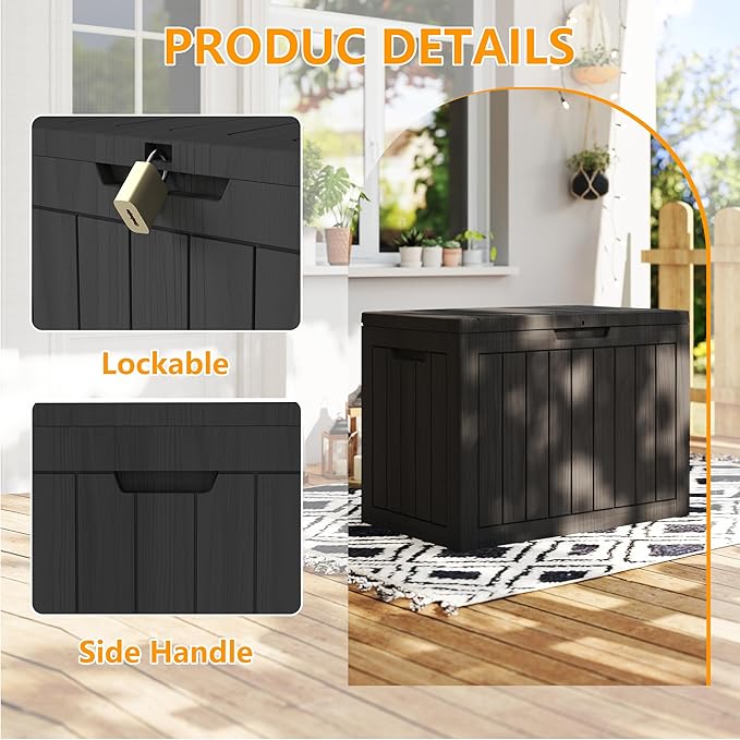 45 Gallon Outdoor Storage Box Waterproof, Resin Deck Boxes with Lockable Lid & UV-Resistant for Patio, Pool, Garden Furniture Cushions & Accessories, Black