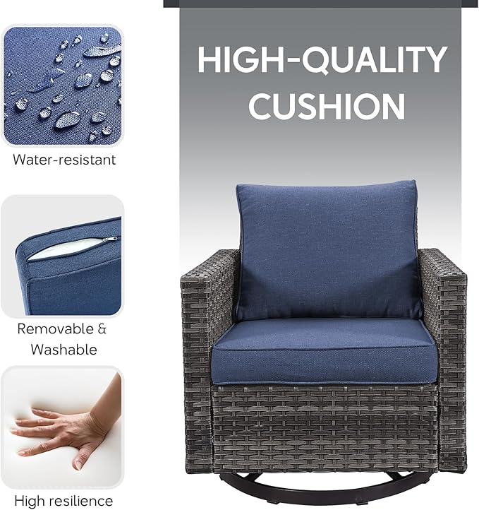 7 Piece Wicker Patio Furniture Set - Outdoor Swivel Rocker Chairs Set with Coffee Table, Side Table, 3 Seat Sofa & Ottomans, Small Patio Conversation Sets for Balcony Deck - Grey/Blue