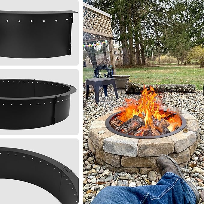 45 inch Fire Pit Ring,Large Round Firepit for Outdoor Fire Liner Wood Burning Heavy Duty Metal Campfire Ring Above or In-Ground, Black 45-Inch Outer/40-Inch Inner Diameter
