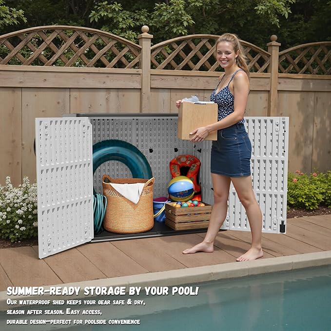 Patiowell 25 Cu.ft Outdoor Storage Cabinet with Lockable Door, Waterproof Horizontal Storage Shed for Tools and Patio Furniture, All-Weather Resin Shed Easy Assemble for Pool or Backyards, White