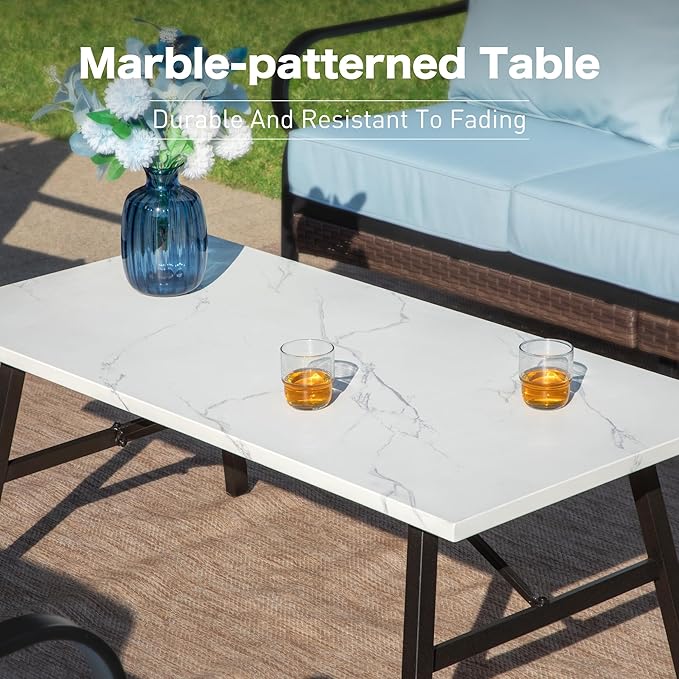 SUNSHINE VALLEY 4 Piece Metal Outdoor Patio Furniture Sets, Patio Conversation Sets 1 Loveseat, 2 Rocking Sofa with 5.75" Extra Thick Cushion and Coffee Table, Balck Frame Backyard Furniture, Blue