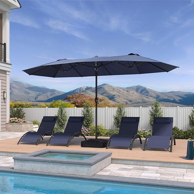 PURPLE LEAF 14ft Patio Market Umbrella with Base Double-Sided Rectangle Outdoor Table Sun Umbrellas with Crank 12 Heavy Duty Sturdy Ribs for Pool Beach Deck Backyard Navy Blue