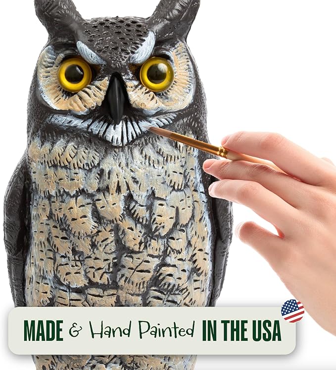 Dalen Large Fake Owl Decoy to Scare Birds Away - 16 in Hand-Painted Great Horned Owl Garden Scarecrow for Natural Pest Control - Fixed Head Design - Secure Upright by Filling with Sand/Gravel Only