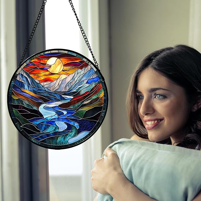 AMDERVEN Stained Glass Window Hanging, Canyon Mountains Sunset View Sun Catcher for Window Home Decor Landscape Suncatcher Mother's Day Birthday Gifts for Women Men Mom and Nana 9.8 in