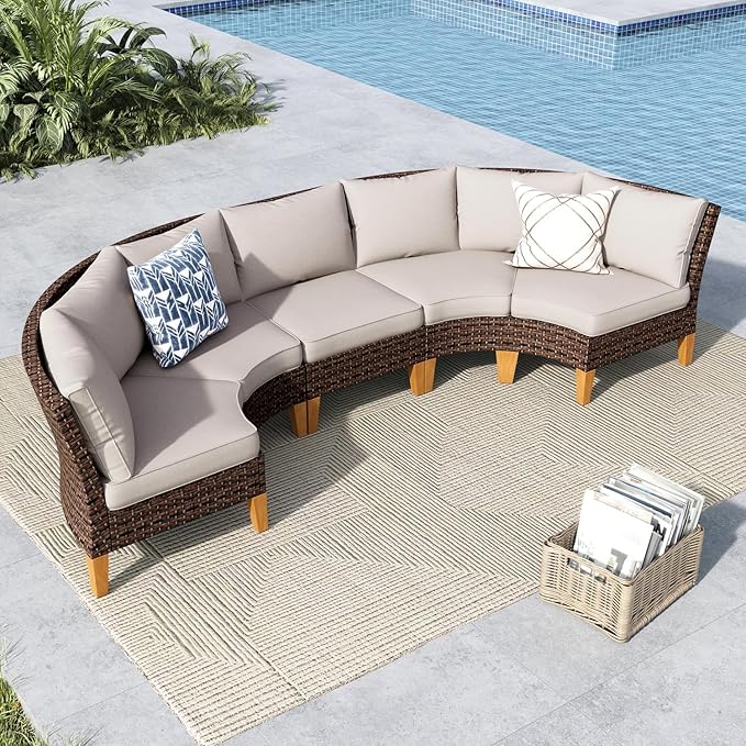 MFSTUDIO 5 Pieces Large Wicker Patio Furniture Set, All-Weather Rattan Outdoor Half-Moon Curved Sectional Sofa Set, Patio Conversation Set for Garden, 4 x Curved Sofa, 1 x Armless Sofa(Beige Cushion)