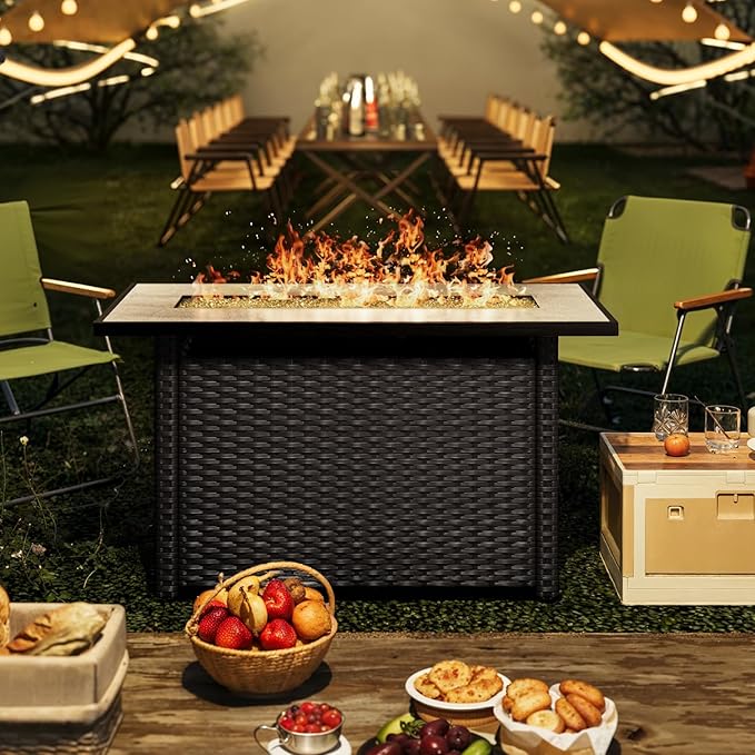 Gizoon 45" Gas Fire Pit Table, Propane Fire Pit with Glass Rocks, Waterproof Cover and Pe Rattan, Outdoor Patio Fire Pits for Backyard, Garden, Party