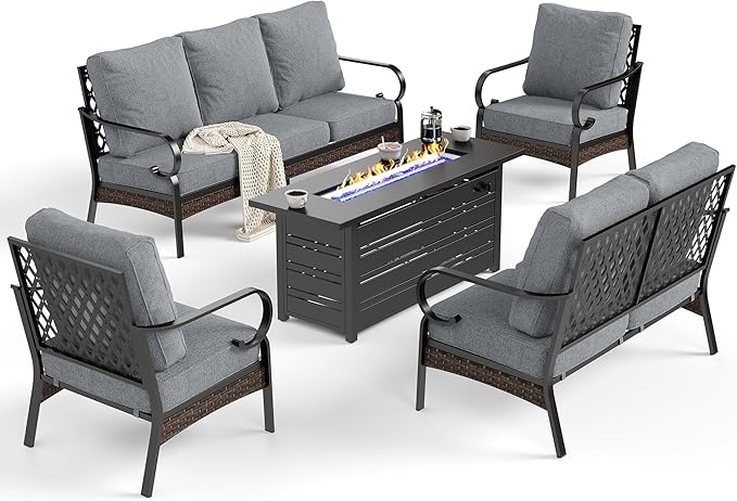 SUNSHINE VALLEY 5 Piece Metal Outdoor Patio Furniture Sets with Firepit Table, Patio Conversation Sets 1 3-Seater Sofa, 1 2-Seater Loveseat, 2 Single Sofa with 5.75" Cushion for Backyard Deck, Gray