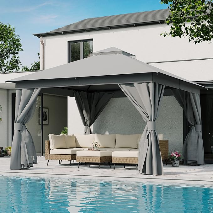 LAUSAINT HOME Gazebo 12x12ft, Heavy Duty Patio Gazebo with Expansion Bolts, Party Canopy Tent with Double Roofs, Mosquito Nettings and Privacy Screens for Backyard, Garden, Lawn, Grey