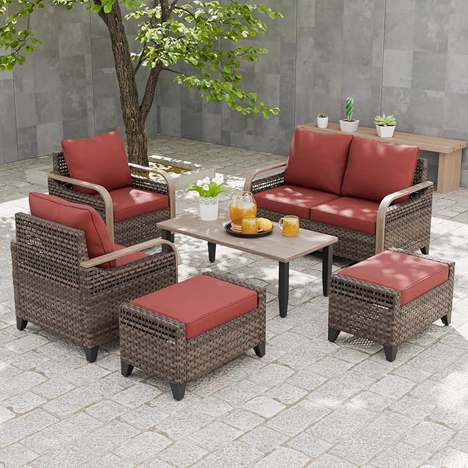 EAGLE PEAK Modern Wicker Outdoor Patio Furniture Set, Patio Conversation Set, 2 Chairs, 2-Seat Loveseat, 2 Ottomans and Coffee Table, 6 Pieces, Brown/Red