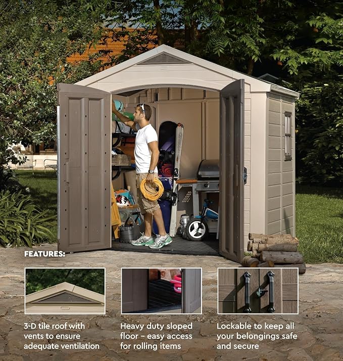 8x6 Ft All-Weather Storage Shed with Skylight,Window,Built-in Ventilation,Walls, & Lockable Double Doors for Patio Furniture Lawn Mower Tools and Bike Storage Lockable