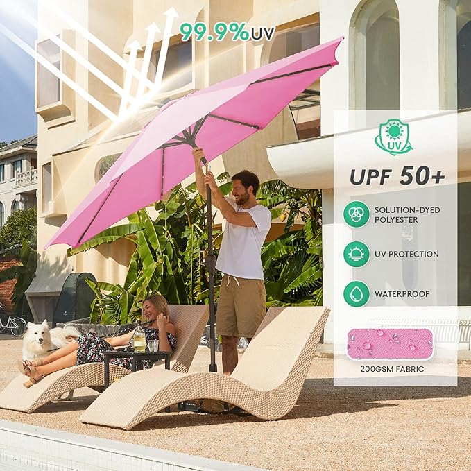 JEAREY 9FT Outdoor Patio Umbrella with Solar Lights, LED Lighted Pool Umbrella with Tilt and Crank, Outdoor Table Umbrellas for Deck, Yard & Market (Rose Pink)