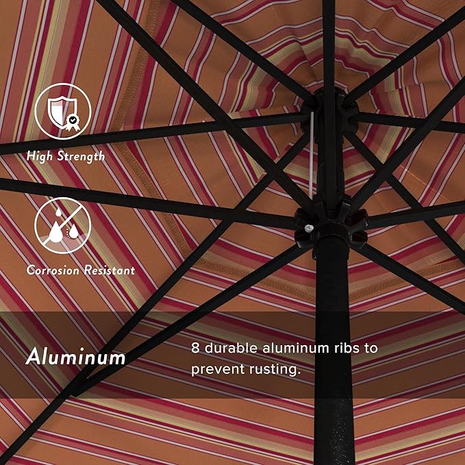 California Umbrella 9' Rd Aluminum Patio Umbrella, Crank Lift, Auto Tilt, Black Finish, Sunbrella Dolce Mango
