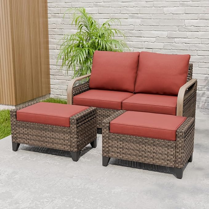 EAGLE PEAK Modern Wicker Outdoor Patio Furniture Set, Patio Conversation Set, a 2-Seat Loveseat and 2 Ottomans, 3 Pieces, Brown/Red