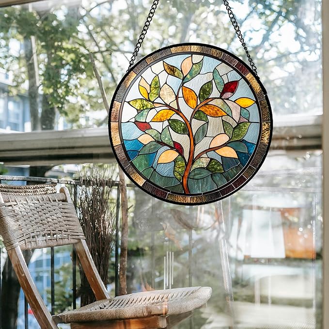 QZQCBLC Stained Glass Window Hanging Colorful Tree of Life 9.8" - Plant Leaves Suncatcher Door Garden Sun Catcher Home Decor Birthday Christmas for Mom Men Woman Nana Friend
