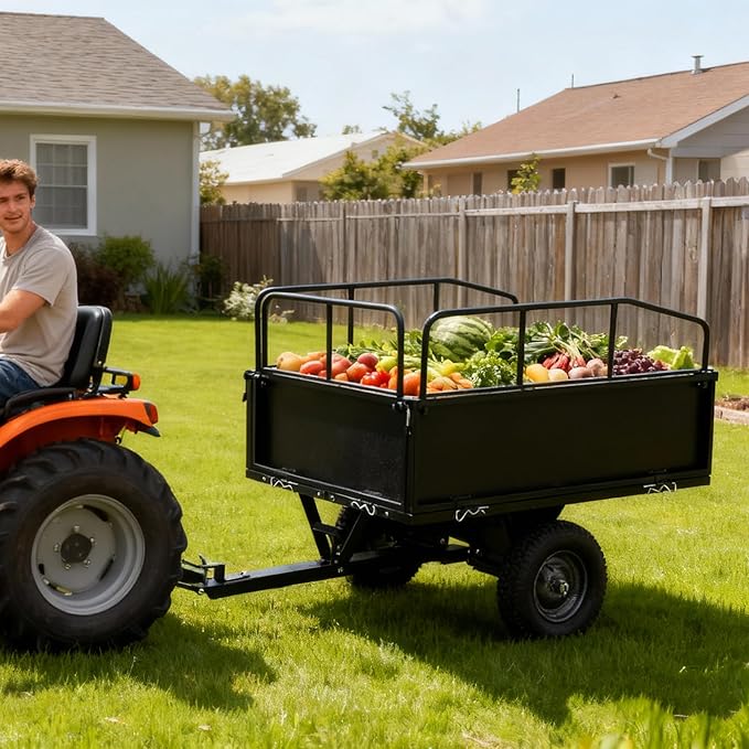 Heavy Duty ATV UTV Trailer Tow Behind Dump Cart, Yard Garden Trailer Pull Behind Dump for Lawn Mower Tractor Garden Waste (600pound&17cu.ft)