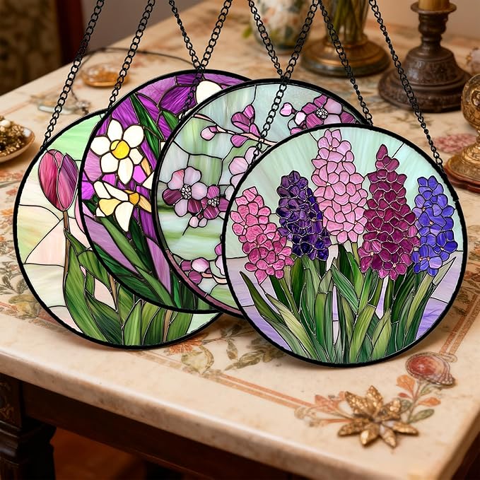 AMDERVEN Stained Glass Window Hanging 4 Pcs Set Tulips Plum Flower Daffodils Hyacinths 6.3" - Suncatcher Door Garden Sun Catcher Decor Birthday Mother's Day for Mom Woman Nana