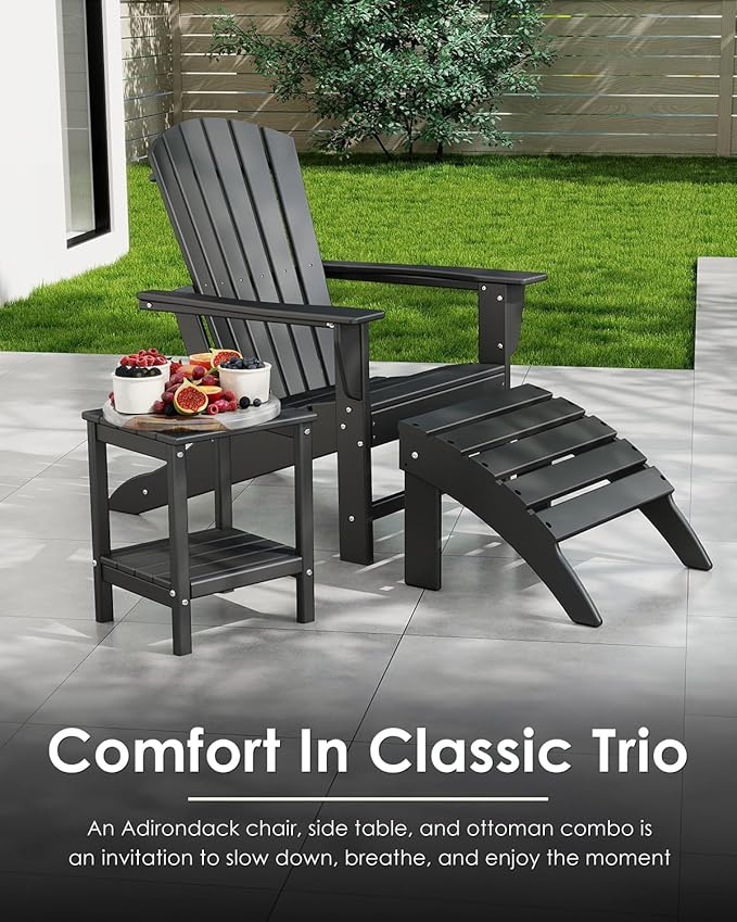 GREENVINES Adirondack Chairs Set of 4 | HDPE Plastic | Oversized Fire Pit Chair | All Weather | Black | Poly Lumber | for Outdoor Deck Backyard Patio Garden