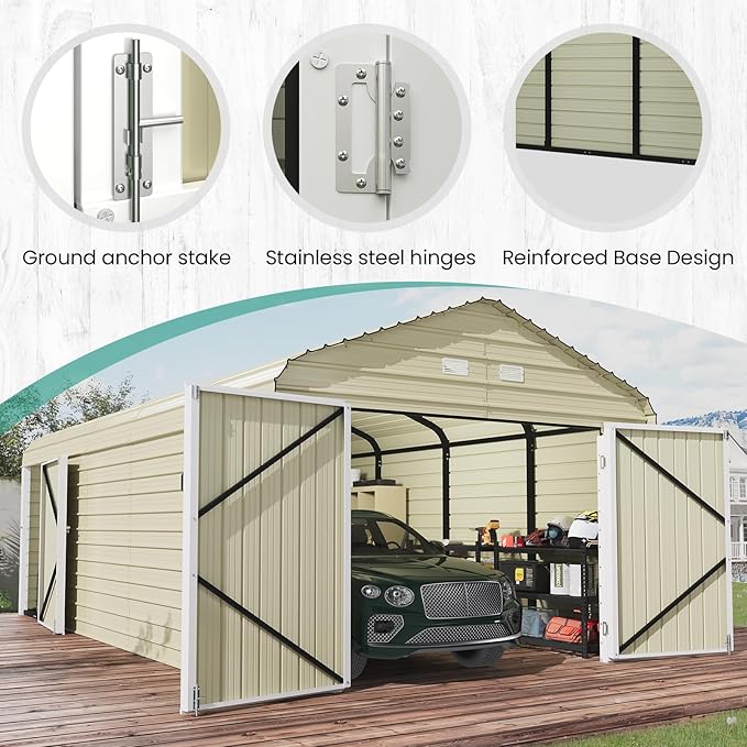 EROMMY 12x24 FT Heavy Duty Carport - Galvanized Steel Frame Car Shelter with Reinforced Base, Enclosed Storage Shed for Cars & Trucks, Gray