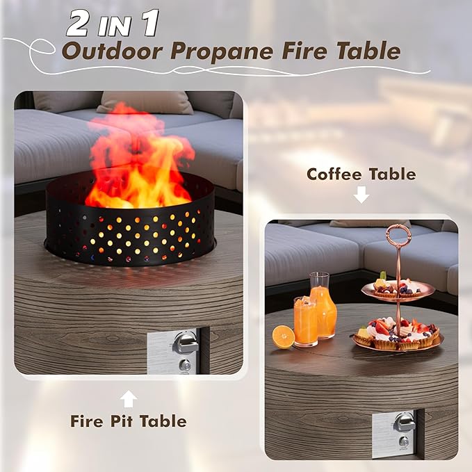 30" Round Propane Fire Pit Table - 50K BTU with Lid, Rocks Tank Storage and Cover - Round Gas Fire Pits for Outside Patio - Outdoor Table with Firepit (Teak Finish, 30" Round)