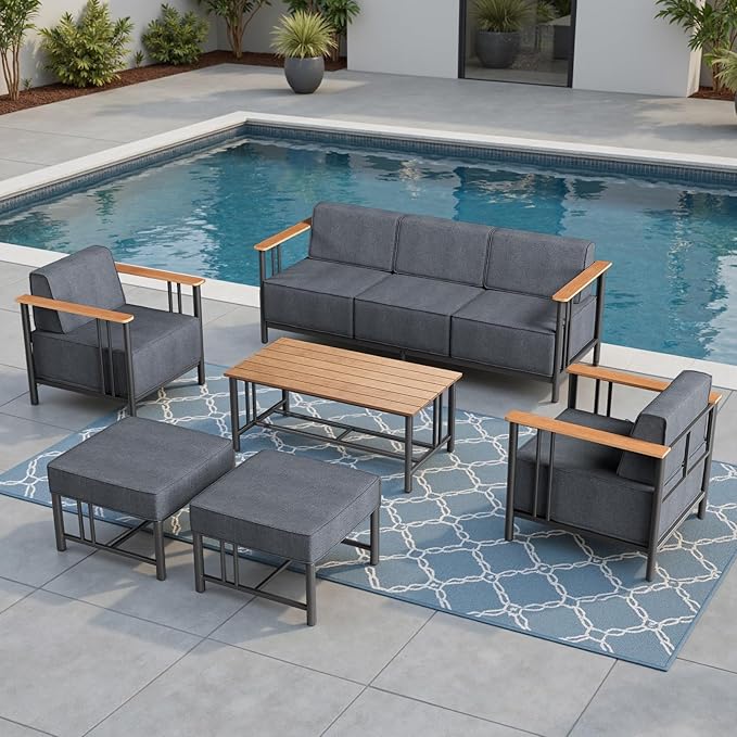 Luxury Patio Furniture Set with 10" Extra Thick Cushions, 6 PCS Outdoor Furniture Set with Patio Chairs & Couch & Coffee Table, Suitable for Porch, Balcony, Deck, Yard, Poolside, Black/Grey