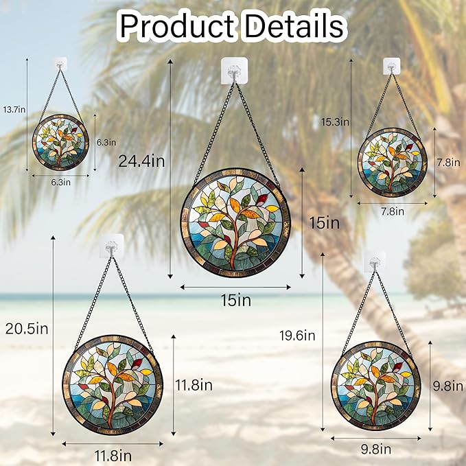QZQCBLC Stained Glass Window Hanging Colorful Tree of Life 9.8" - Plant Leaves Suncatcher Door Garden Sun Catcher Home Decor Birthday Christmas for Mom Men Woman Nana Friend