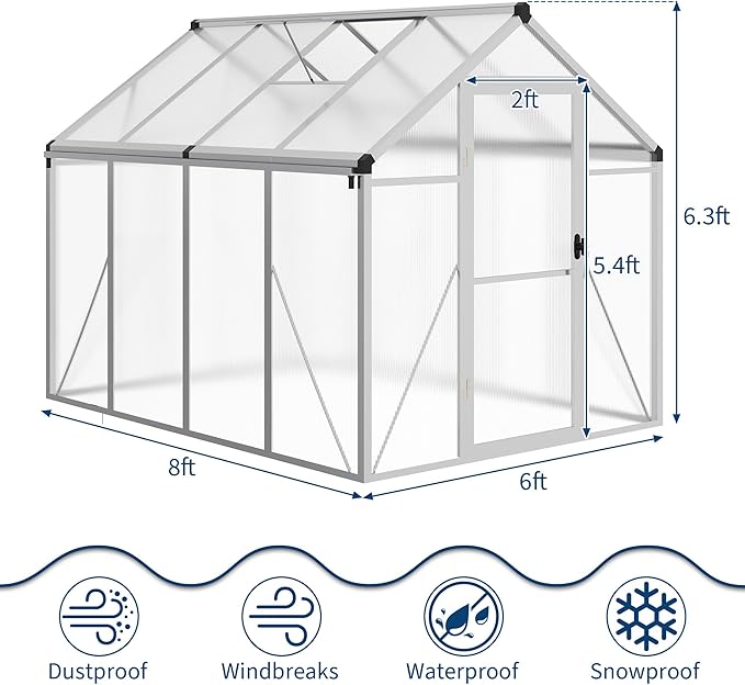6×8 FT Greenhouse, Large Walk in Greenhouses for Outdoors and Garden Planting, Polycarbonate Greenhouse with Enhanced Aluminum Frame, Green Houses with Quick Setup Structure and Roof Vent, Silver