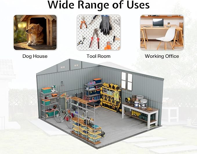 VanAcc 10x12x7 FT Outdoor Storage Shed with 2 Transparent Panels, Metal Garden Shed with Hinged Double Doors, 2 Windows & 4 Vents, Reinforced Steel Frame for Backyard, Garden, Dark Gray