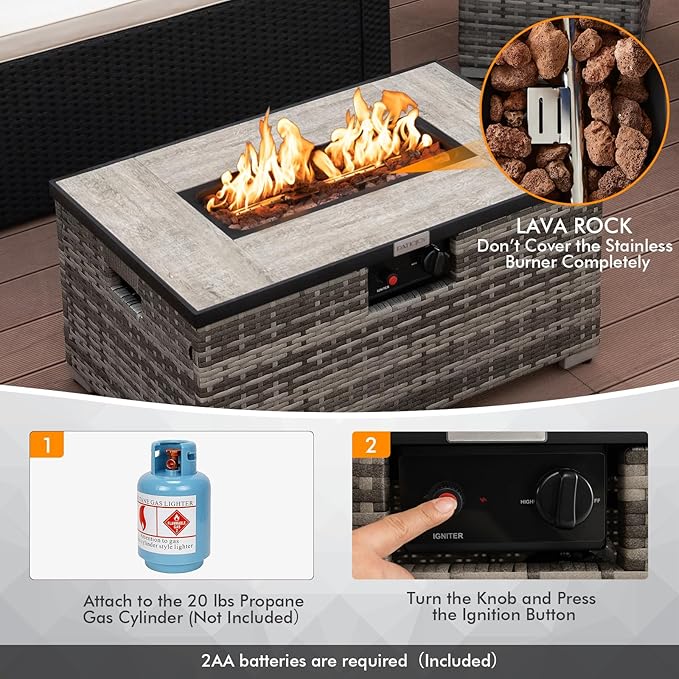 Tangkula 2 Piece Outdoor Propane Fire Pit Table Set with Hideaway Propane Tank Holder, 40,000 BTU Rattan Wicker Fire Pit Table with Lava Rocks, Waterproof Cover, Ideal for Backyard, Patio (Mix Grey)